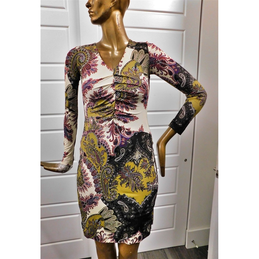 Etro Italy Black Multi Paisley Long Sleeve V-Neck Dress sz 38